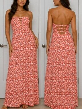bebe Coral and White Strapless Abstract Print Maxi Dress with Back Straps Small